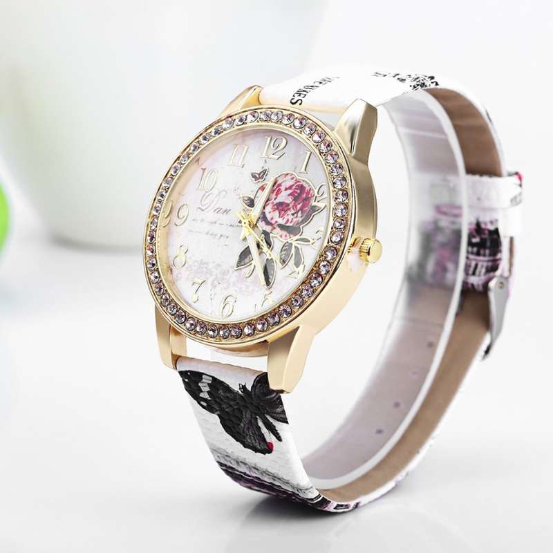 Women Rhinestone Quartz Watch Leather Band Peony Pattern
