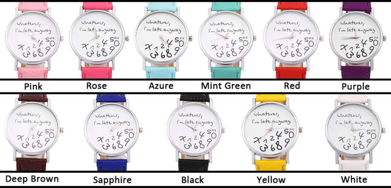 Letter Number Pattern Ladies Quartz Watch Candy Color Leather Strap