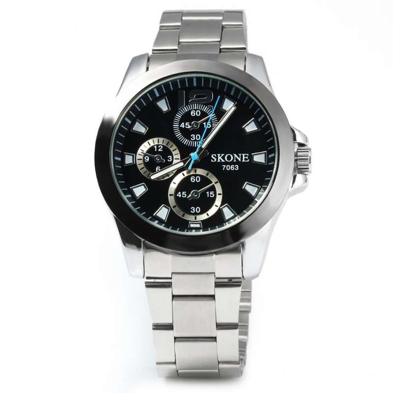 SKONE 7063 Men Luminous Steel Strap Quartz Watch with Decorating Small Three Stitches