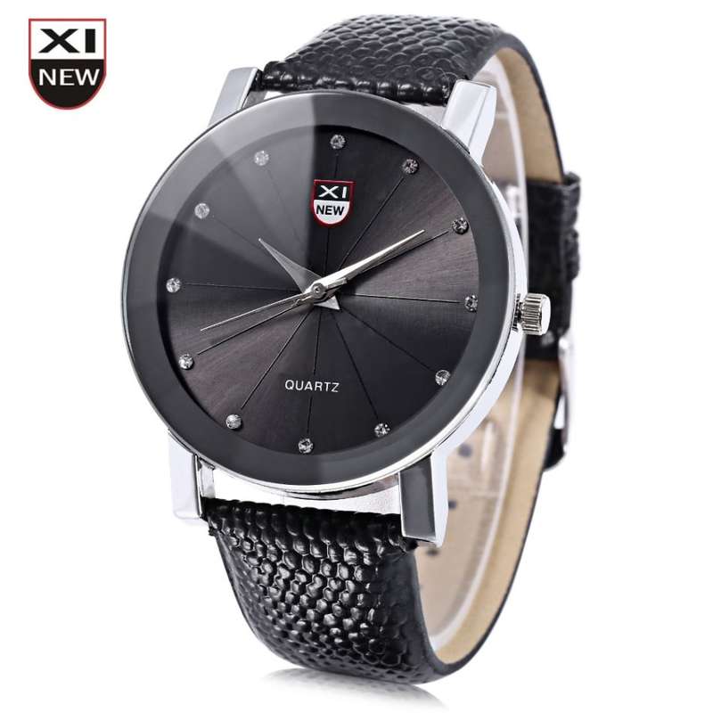Xinew 1766 Men Quartz Watch Radial Pattern Artificial Diamond Dial Leather Strap Wristwatch