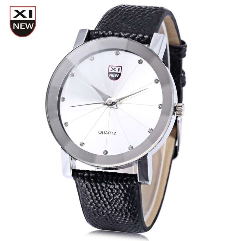 Xinew 1766 Men Quartz Watch Radial Pattern Artificial Diamond Dial Leather Strap Wristwatch
