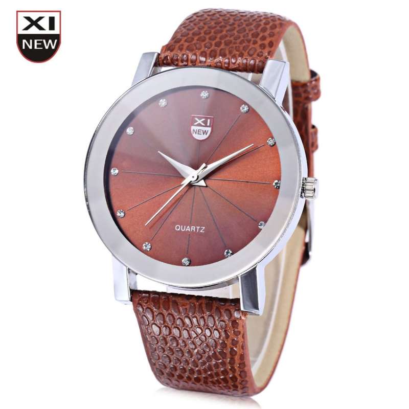 Xinew 1766 Men Quartz Watch Radial Pattern Artificial Diamond Dial Leather Strap Wristwatch