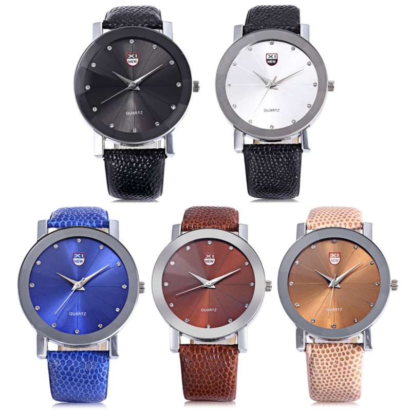 Xinew 1766 Men Quartz Watch Radial Pattern Artificial Diamond Dial Leather Strap Wristwatch