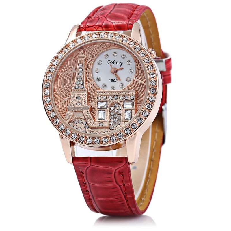Gogoey 1892 Women Rhinestone Quartz Watch Eiffel Tower Embossment Pattern