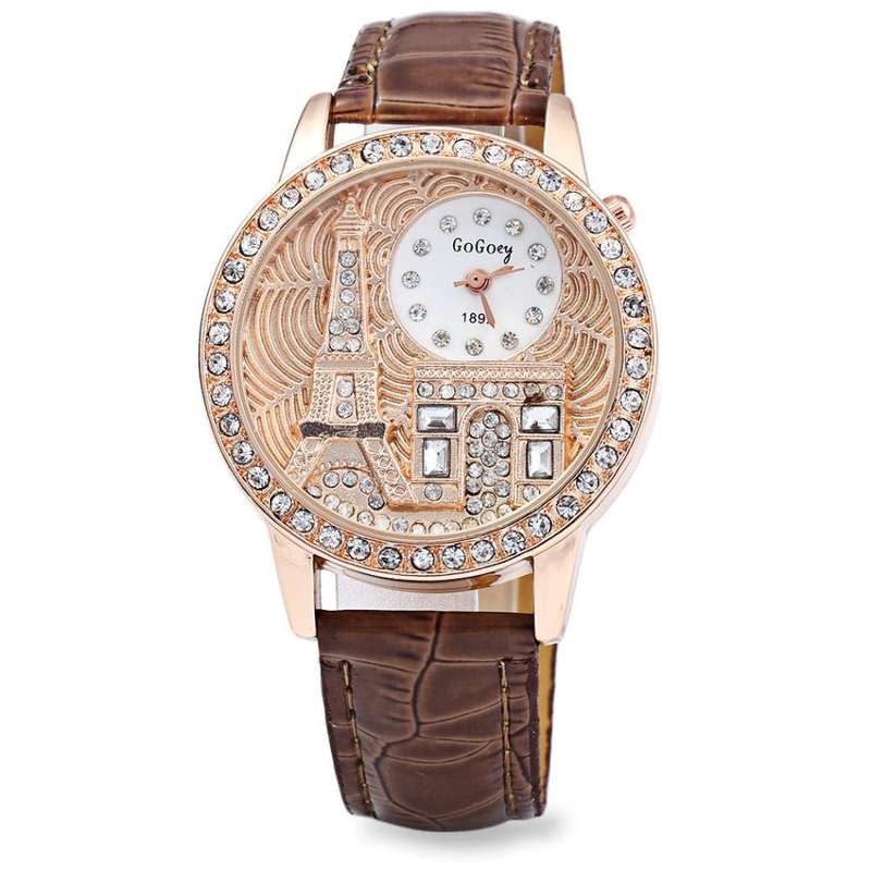 Gogoey 1892 Women Rhinestone Quartz Watch Eiffel Tower Embossment Pattern