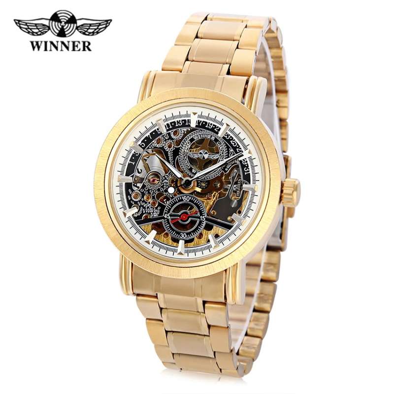 WINNER F1205334 Male Auto Mechanical Watch Hollow Dial Luminous Stainless Steel Band Wristwatch