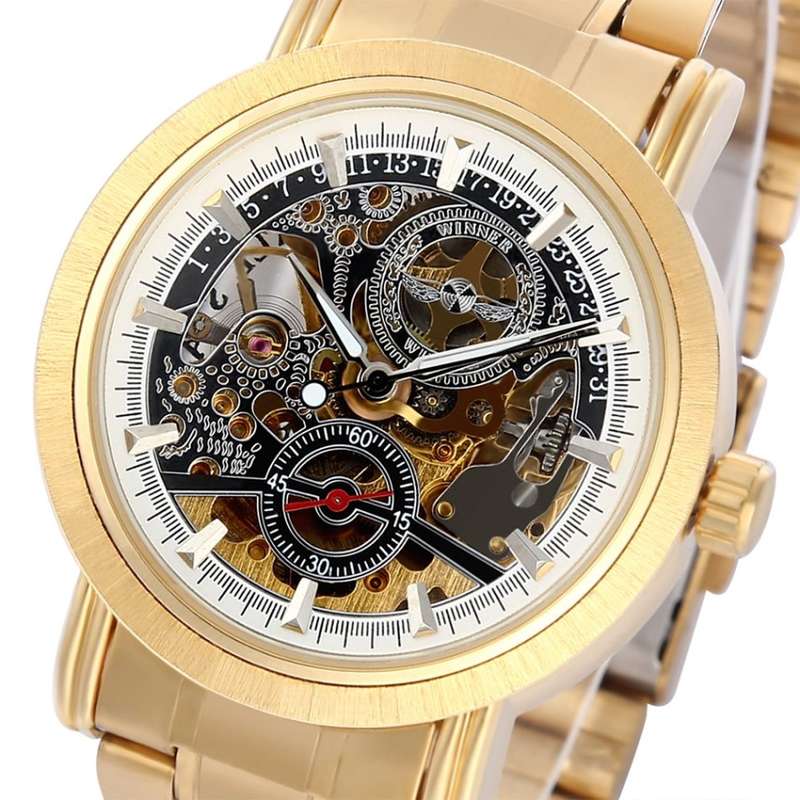 WINNER F1205334 Male Auto Mechanical Watch Hollow Dial Luminous Stainless Steel Band Wristwatch