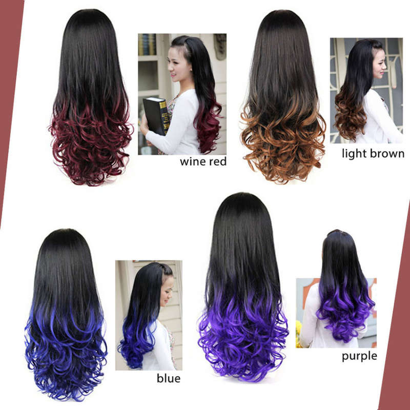 Women Long Curly Wavy Half Hair Wigs Heat Resistant Gradient Color Beauty Style