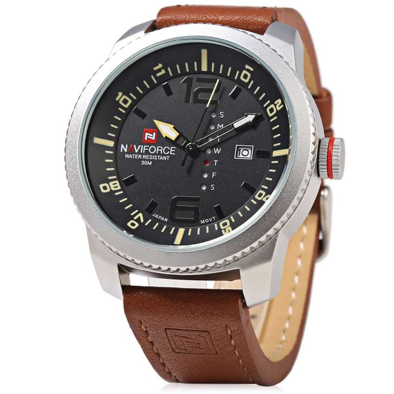 NAVIFORCE NF 9063M Male Quartz Watch Black Case Calendar Display Dial Leather Band Wristwatch