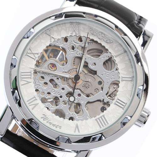 Classic Men's Leather Silver Dial Skeleton Mechanical Sport Wrist Watch