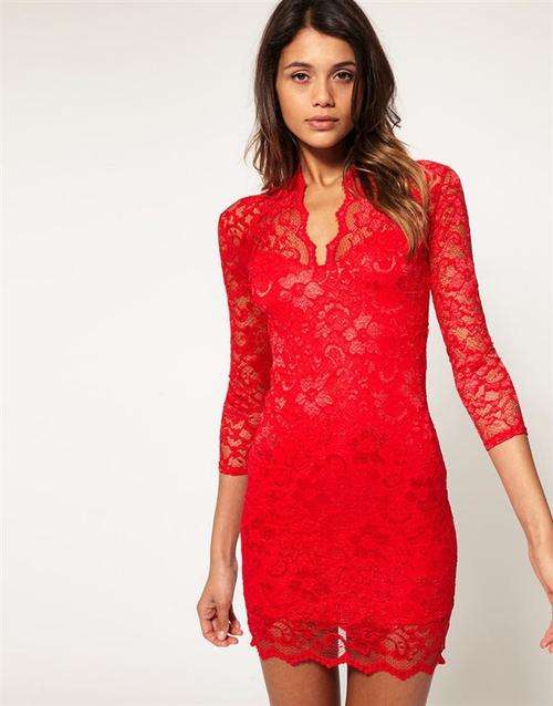 Sexy Womens V Neck Lace Short Skirt one-piece Dress red