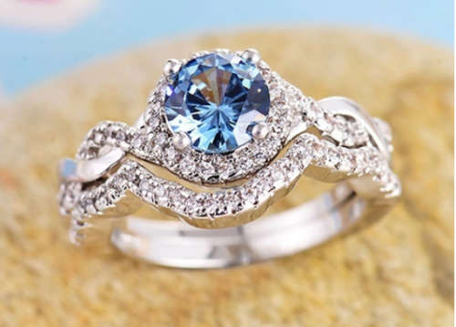4.26CT Natural Aquamarine Gemstone 925 Sterling Silver Bridal Wedding Ring Set