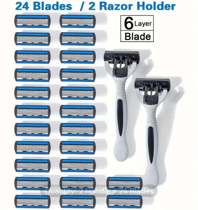 Special!! Men`s Manual Shaver Set, 2 Handle + 24 Blades, Safety Razor 6-Layers Stainless Steel