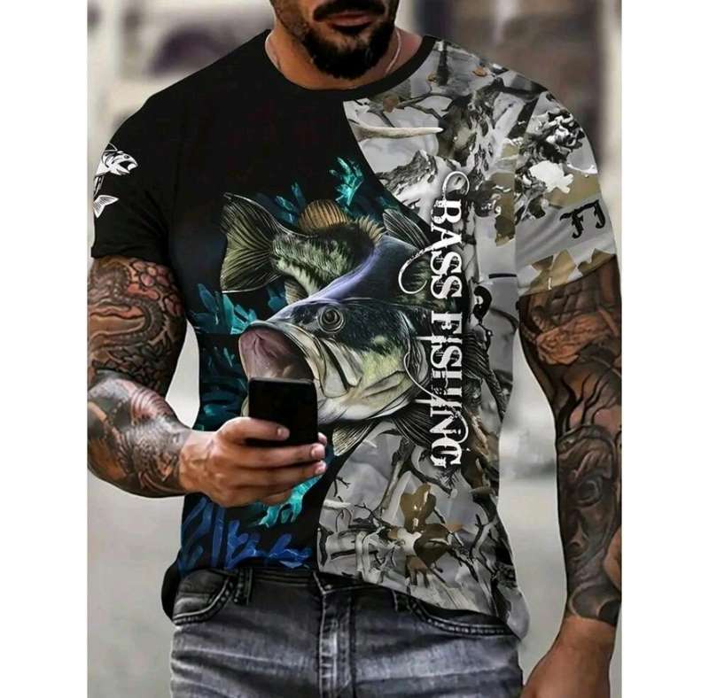 This weekend only!!! Men 3D Fishing Print Short Sleeve Round Neck T-Shirt, Summer Outdoor Sport (M)