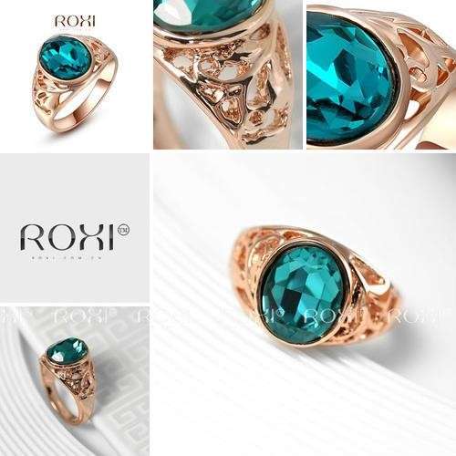 ROXY Rose Gold Blue Austrian Crystal Ring - Size 7