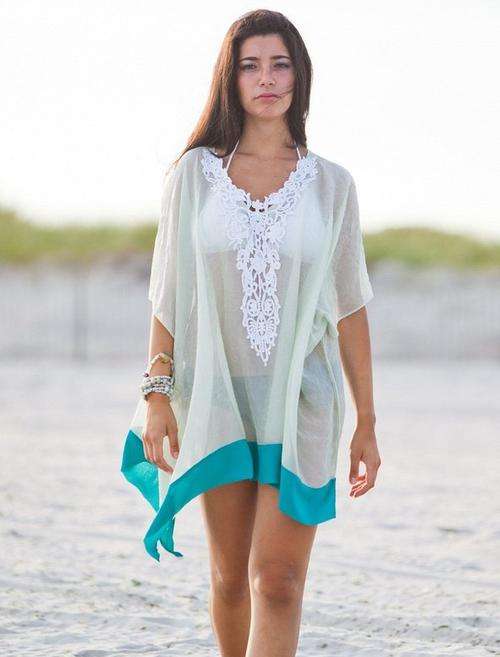 Embroidered Neckline Beach Dress Cover Up   ONE SIZE