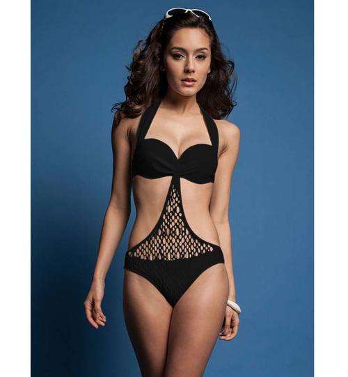 Sexy Black Net Connect Two Side Cut Out One-piece Swimsuit   M,L,XL,2XL