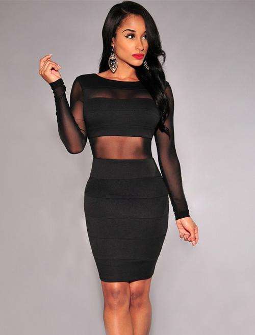 Mesh Inserts Long Sleeves Dress   M / L