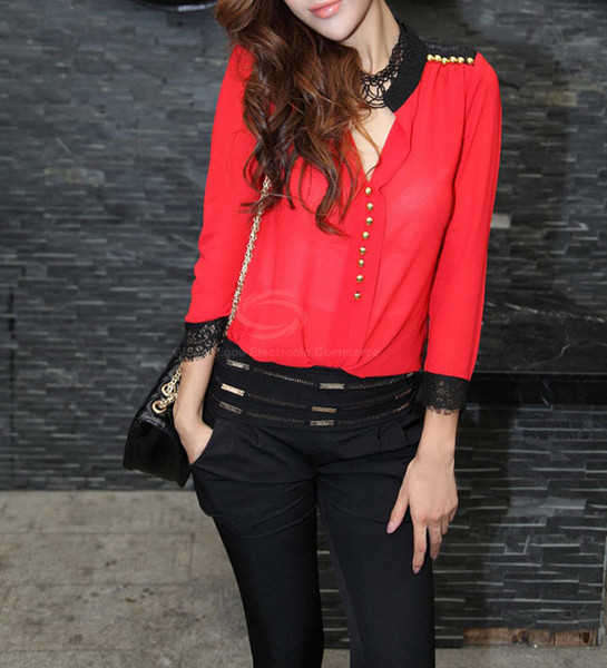 V-Neck Lace Splicing Chiffon Spring Blouse