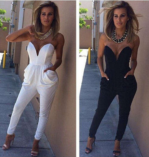 Fashion Strapless Pocket Designed solid Black Polyester One-piece Jumpsuit