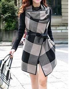 Ladies Stylish Splicing Knit Long Sleeve Tartan Pattern Coat