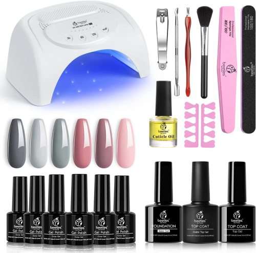 Beetles Gel Nail Polish Kit with U V Light 48W LED Nail Lamp 6 Colors Nude Gray Pink Gel Polish kit