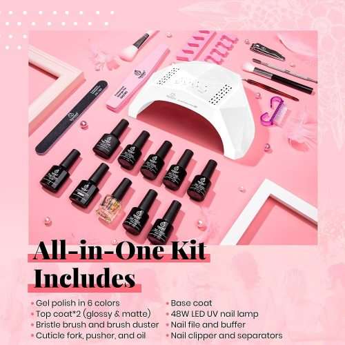 Beetles Gel Nail Polish Kit with U V Light 48W LED Nail Lamp 6 Colors Nude Gray Pink Gel Polish kit