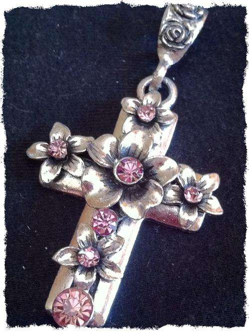 TIBETAN SILVER FANCY PINK STONE FLOWER CROSS PENDANT