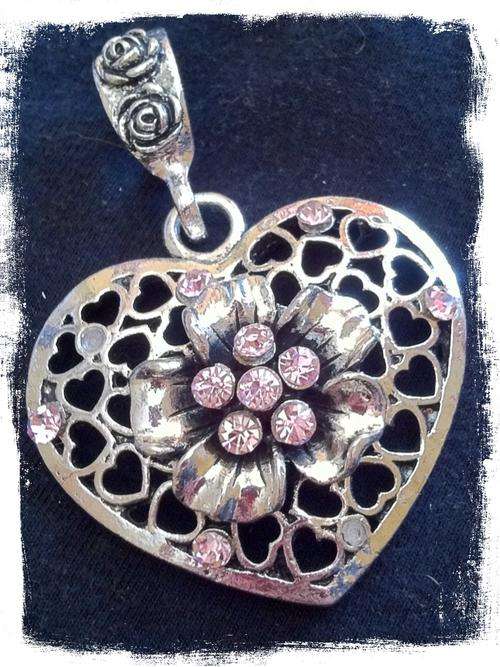 TIBETAN SILVER FANCY PINK STONE FLOWER HEART PENDANT