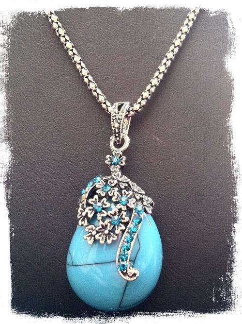 STUNNING TIBETAN SILVER ANTIQUE LOOK TERQUOISE PENDANT POPCORN NECKLACE
