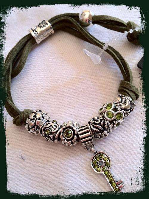 BLACK LEATHER STRAP PARDORA BEADS BRACELET ADJUSTABLE