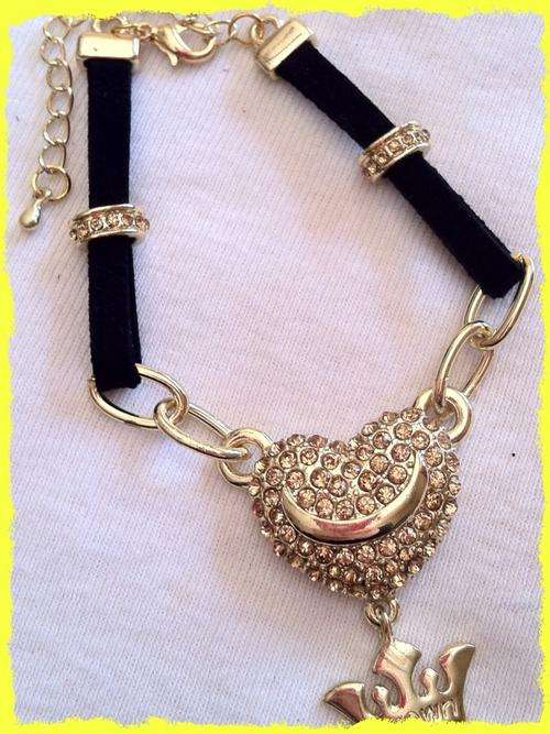BLACK LEATHER STRAP GOLD RHINESTONE HEART BRACELET