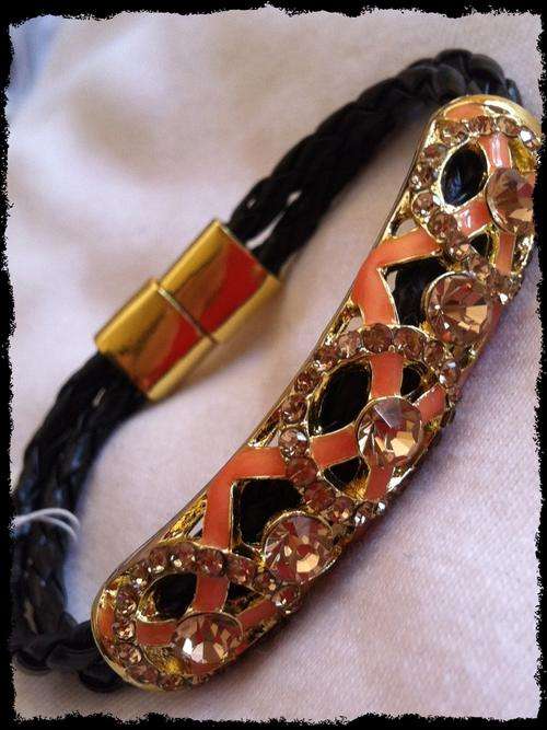 BLACK FAUX LEATHER BRACELET, GOLD RHINESTONES