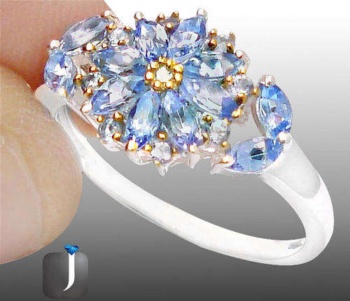 (R3800) GENUINE DIAMOND AND BLUE TANZANITE IN SOLID 925 STERLING SILVER RING; SIZE 7.5