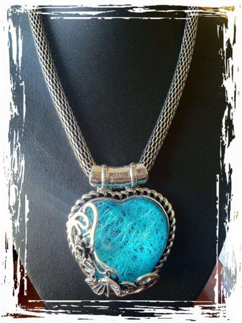 BLUE HEART BUTTERFLY PENDANT ON MESH NECKLACE