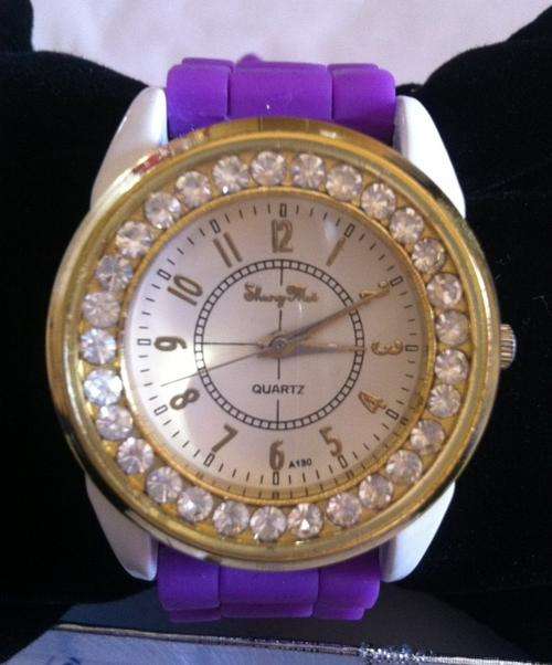 PURPLE RHINESTONE DIAMANTE GOLD/WHITE FACED LADIES WATCH