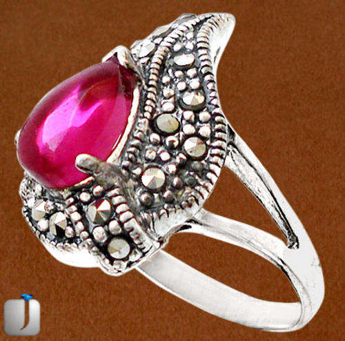 Genuine MARCASITE AND PINK RUBY IN SOLID 925 SILVER ARTISAN RING Size 6