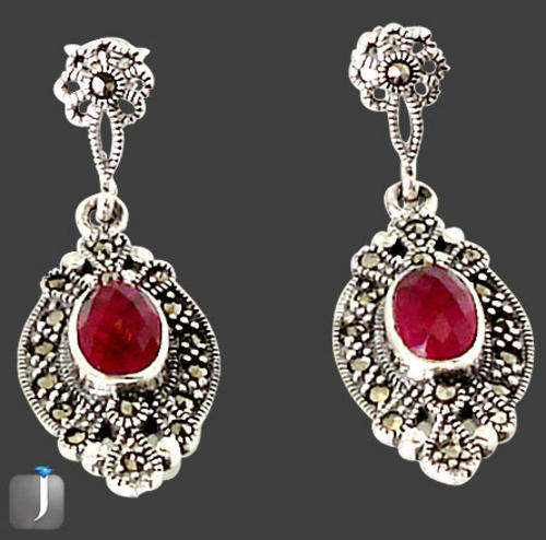 GENUINE MARCASITE AND PINK RUBY IN SOLID 925 SILVER DANGLING EARRINGS