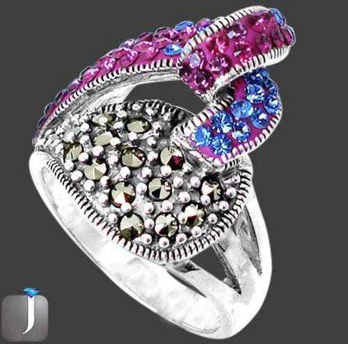 GENUINE MARCASITE AND PURPLE & BLUE CRYSTALS IN SOLID 925 STERLING SILVER RING: Size 6.5