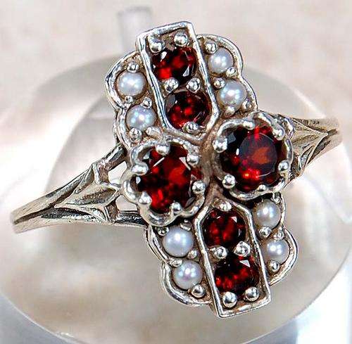 Natural Garnet and Seed Pearl in 925 Solid Sterling Silver Victorian Style Ring Sz 6.5
