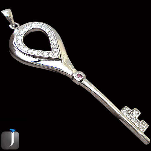 GENUINE PINK RUBY AND WHITE TOPAZ IN SOLID 925 SILVER KEY PENDANT