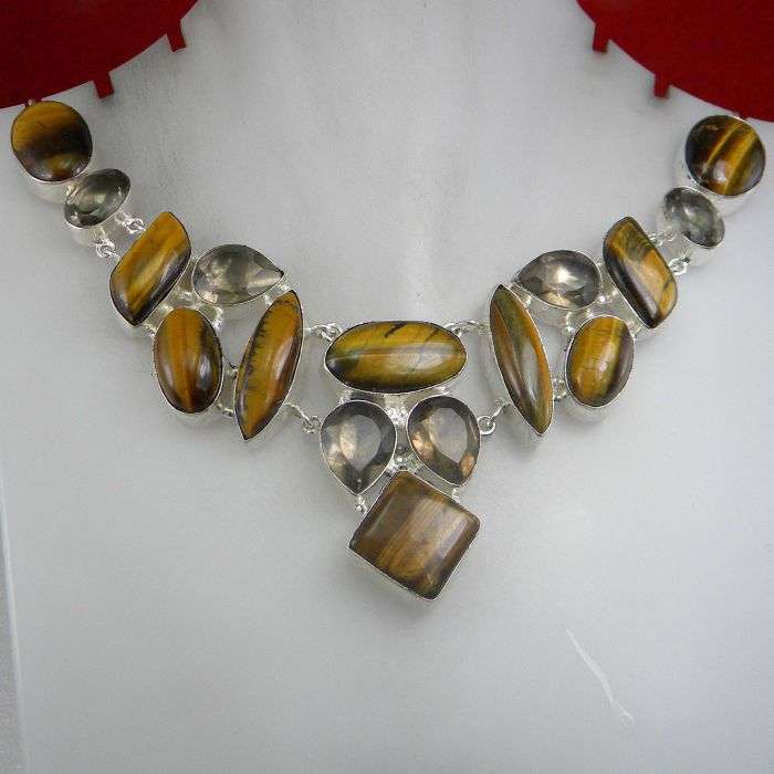 ONE ONLY!!!Tiger Eye, Faceted Smoky Topaz in 925 electroplated silver Necklace