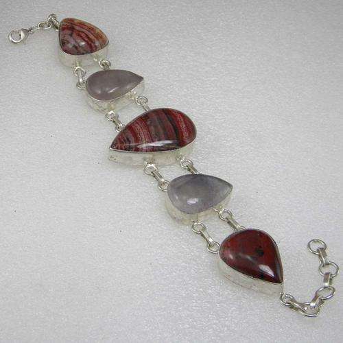 Rose Quartz, Red Jasper in 925 Silver Electroplated Bracelet