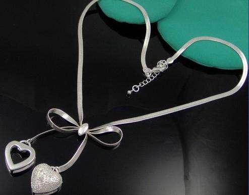 LOW SHIPPING, IN STOCK!!!STERLING SILVER ELECTROPLATED BOW & HEART PENDANTS NECKLACES