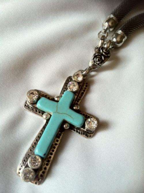 TERQUOISE CROSS CLIP ON PENDANT ON TIBETAN SILVER FANCY NECKLACE