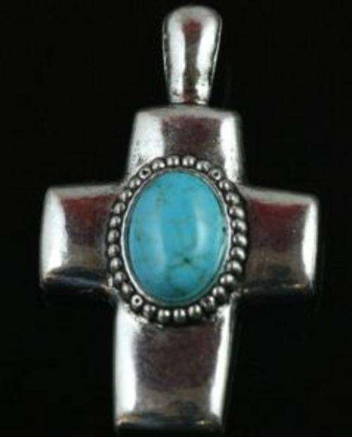 TIBETAN SILVER TURQUOISE CROSS PENDANT 60 mm
