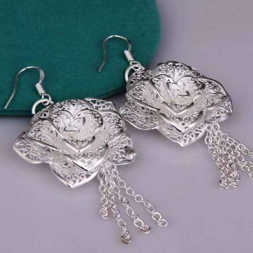 Stunning TIBETAN SILVER DANGLING FILIGREE ROSE EARRINGS