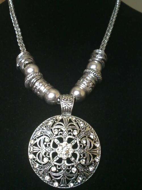 LAST ONE!!!STUNNING ROUND TIBETAN SILVER DIAMANTE AMULET NECKLACE