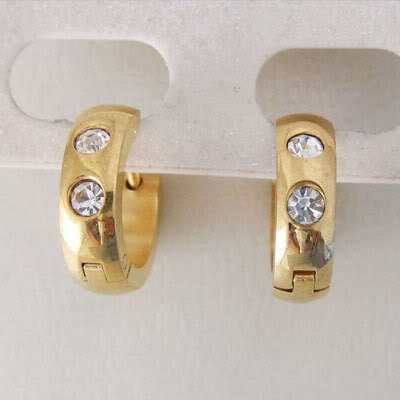 Stunning GOLD TONE STAINLESS STEEL DIAMANTE HUGGIE EARRINGS