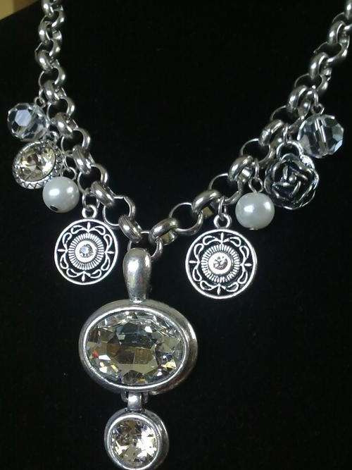 STUNNING!!! OVAL CRYSTAL MULTI CHARMS TIBETAN SILVER NECKLACE